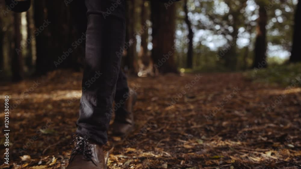 A person is walking through a forest with their feet in the dirt. The person is wearing brown shoes and black pants A person is walking through a forest with their feet in the dirt. The person is wearing brown shoes and black pants