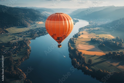 Bright hot air balloon floating over a scenic river valley at sunrise