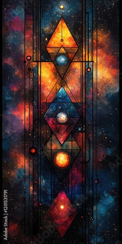 Cosmic stained glass with geometric patterns and celestial bodies. Ideal for phone wallpapers, posters, or spiritual/meditation art.