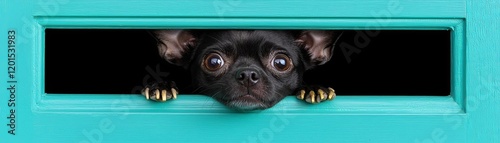 Curious dog peeking through a colorful door. dogs, uniforms, creative