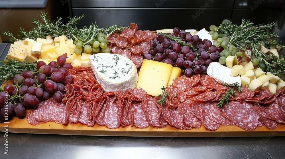 On a wooden board, an assortment of cured meats, fine cheeses, and juicy grapes is neatly presented, creating a harmonious spread of savory and sweet. On a wooden board, an assortment of cured meats, fine cheeses, and juicy grapes is neatly presented, creating a harmonious spread of savory and sweet.
