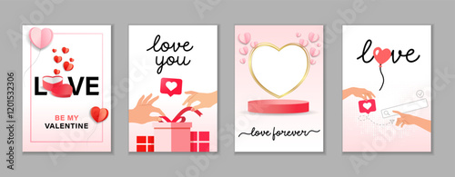 Be my Valentine, creative covers design for Valentine's Day. Two  hands of lovers going to touch together, gift and hands, golden heart frame and podium. Vector sale concept