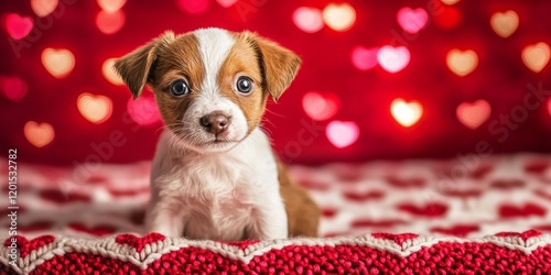 A cute puppy in front of a background filled with small red and pink hearts. The heart motif adds a lovely, romantic touch, ideal for Valentine’s Day designs or other affectionate themes, copy space  photo