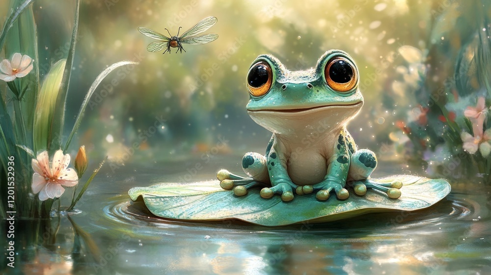 Frog Sitting on a Leaf in a Forest Pond. Generative AI Frog Sitting on a Leaf in a Forest Pond. Generative AI