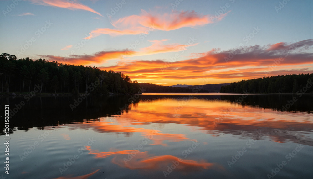 Serene sunset reflection on calm lake in woodland, peaceful tranquility Serene sunset reflection on calm lake in woodland, peaceful tranquility