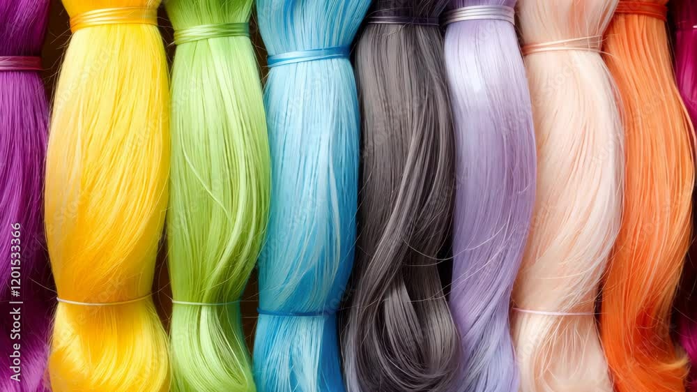 Colorful synthetic hair extensions showing a wide variety of colors