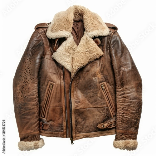 Studio shot of a vintage brown leather aviator jacket with sheepskin fur collar, showcasing its classic design and worn texture