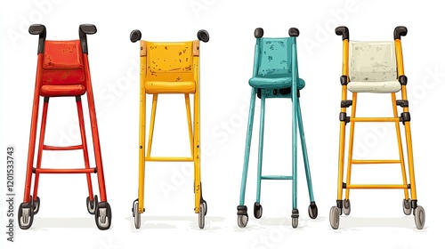 Colorful and modern baby high chairs lined up against a white background, showcasing design variety