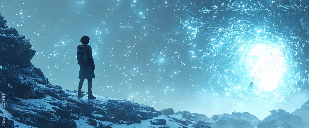 Obraz premium Girl witnesses a celestial event, a glowing portal in a snowy, mountainous landscape under a starry sky.