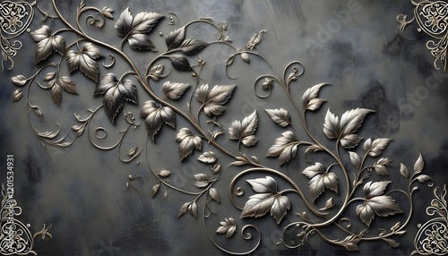 A rich, dark gray background will enhance the metallic sheen of the brushed platinum, allowing the vines and leaves to stand out with their detailed texture and the luxurious contrast of the platinum photo