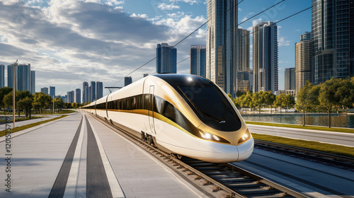 Gold-striped train travels through urban scenery photo