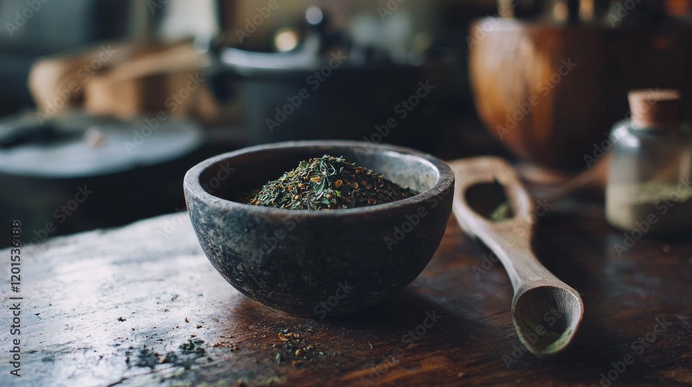 Rustic bowl with herbal tea ingredients on a wooden surface