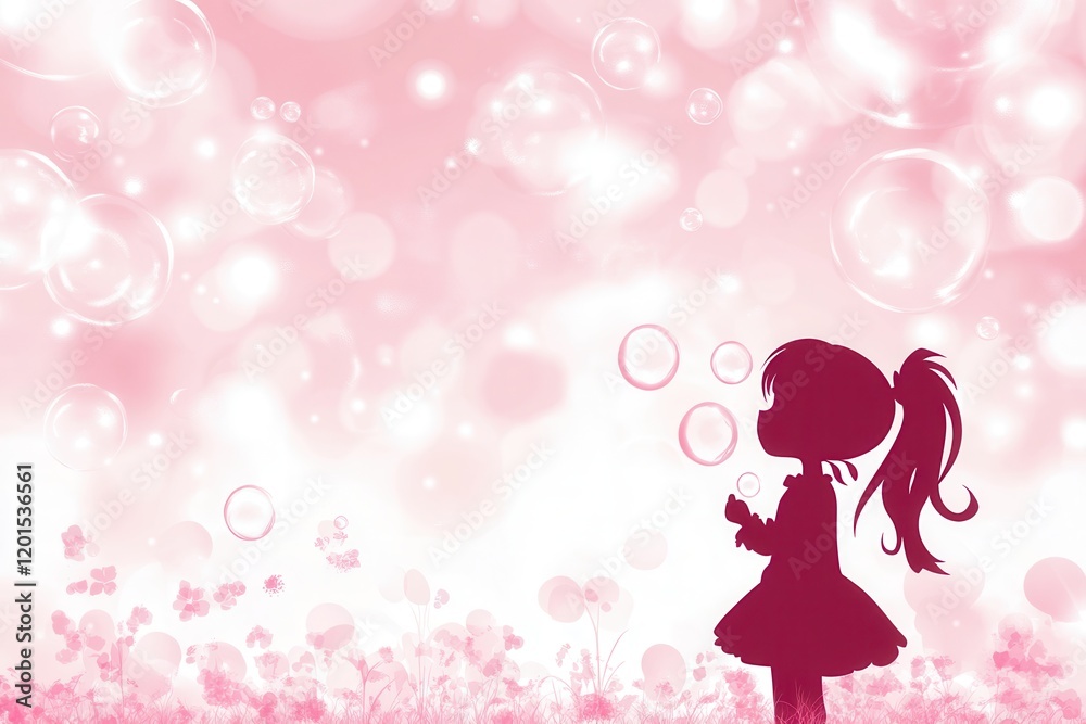 Enchanting Silhouette of a Young Girl with Bubbles Against a Soft Warm Pink Background, Ideal for Whimsical and Dreamy Themes in Design Projects Enchanting Silhouette of a Young Girl with Bubbles Against a Soft Warm Pink Background, Ideal for Whimsical and Dreamy Themes in Design Projects