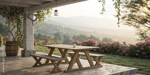 A 3D Render of an Outdoor Wooden Table, Perfect for Displaying Products or Food photo