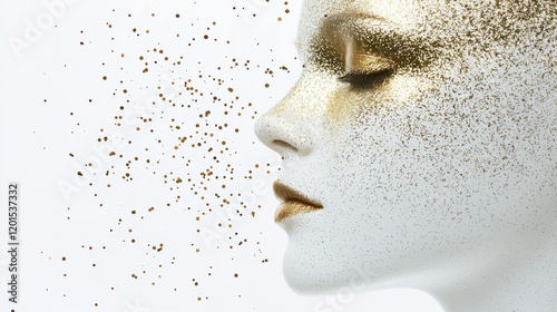 Elegant Minimalist Composition Featuring a Gold Mask and Abstract Sparkling Details on a White Background