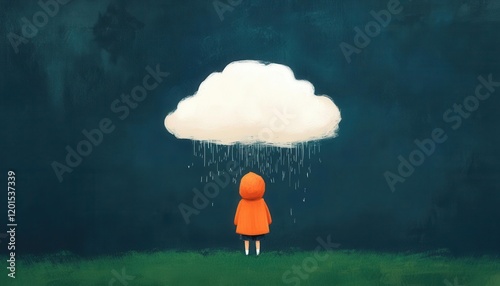 Conceptual art of a digital storm cloud raining hurtful messages on a lonely child