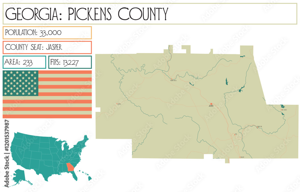 Fototapeta premium Large and detailed map of Pickens County in Georgia USA.