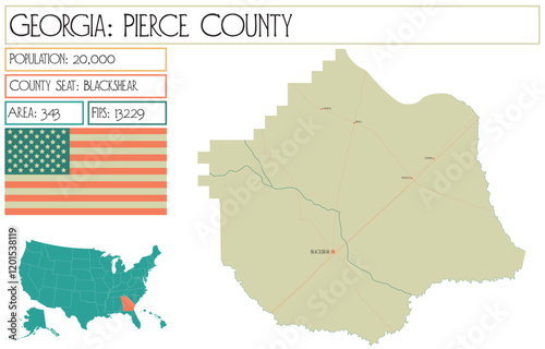 Large and detailed map of Pierce County in Georgia USA. photo