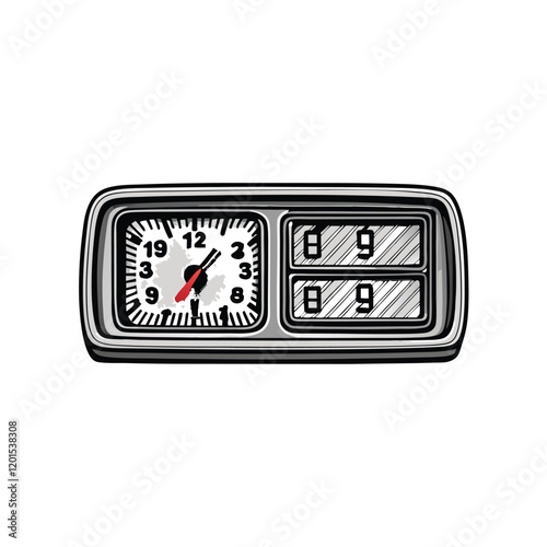 A minimalist clock design with half its face displaying digital time and the other half featuring analog hands.