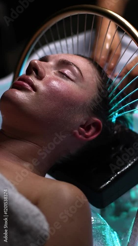 vertical video: Spa treatment with Japanese head massage and hair washing in slow motion, young woman pampering, luxurious beauty treatment in a shampoo stand
