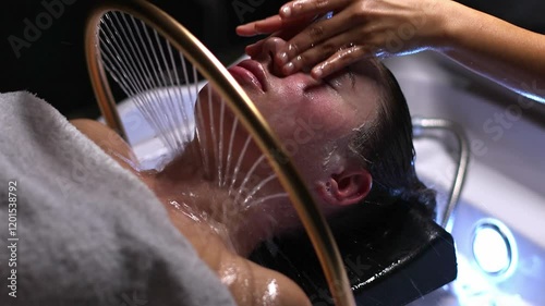 Spa treatment with Japanese head massage and hair washing in slow motion, young woman pampering, luxurious beauty treatment in a shampoo stand