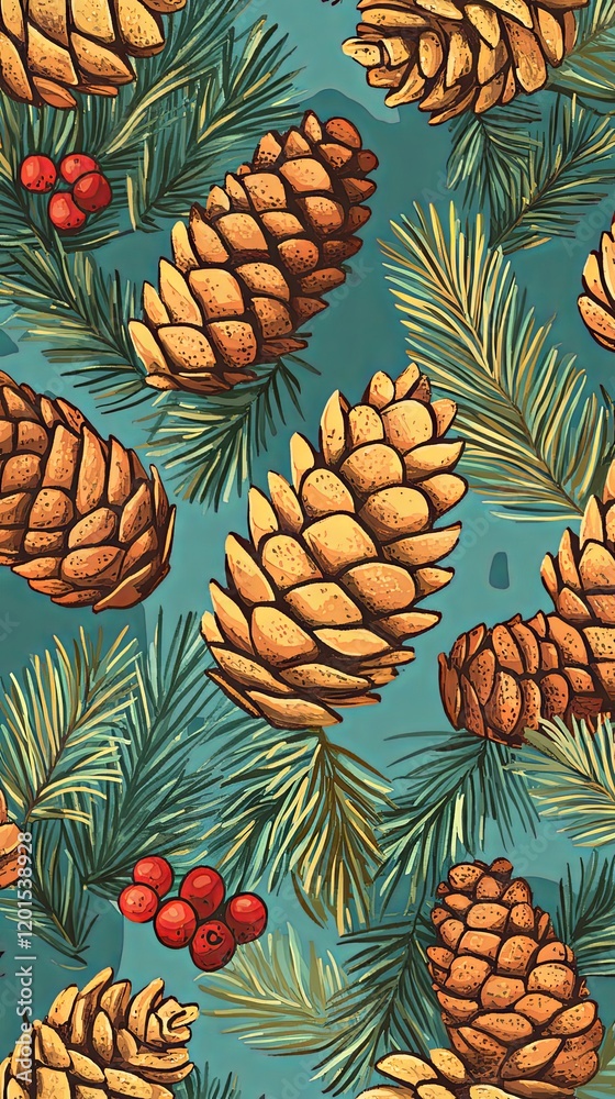 Obraz premium Pine Cones and Evergreen Branches Seamless Pattern - Winter Holiday Design