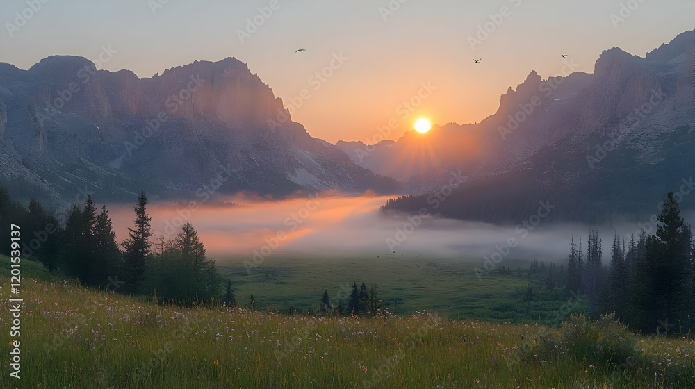 Fototapeta premium Majestic Sunrise over Foggy Mountain Valley, Nature Landscape