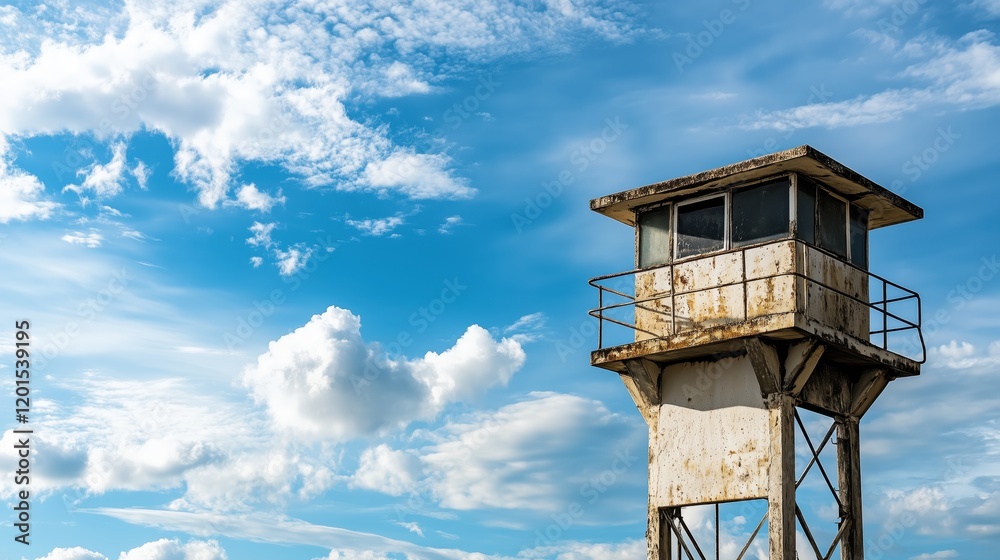 The worn guard tower rises against a bright sky. The worn guard tower rises against a bright sky.