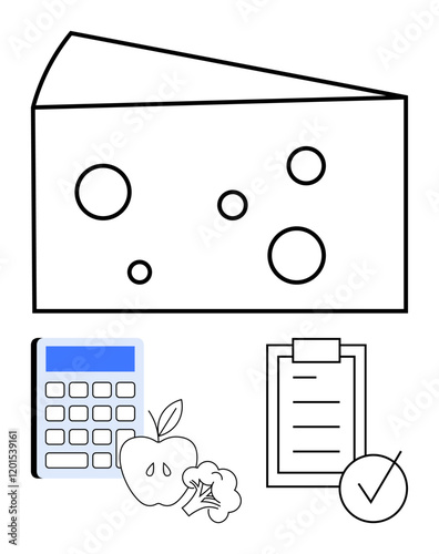Cheese, apple, and broccoli with calculator and checklist symbolizing dietary planning, meal tracking, and healthy choices. Ideal for nutrition, wellness, weight loss, dieting fitness health goals
