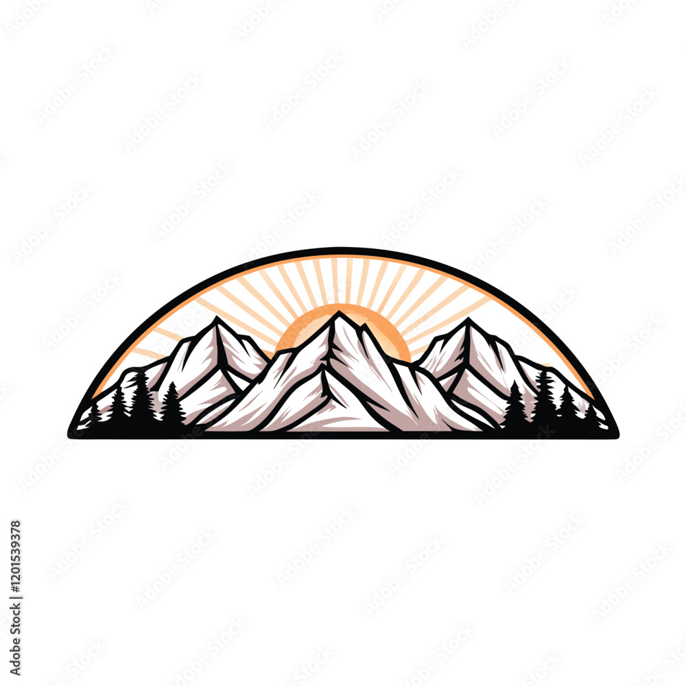 A simple, black silhouette of a mountain range against a bright orange sun. A simple, black silhouette of a mountain range against a bright orange sun.
