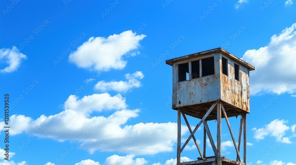 The worn guard tower rises against a bright sky. The worn guard tower rises against a bright sky.