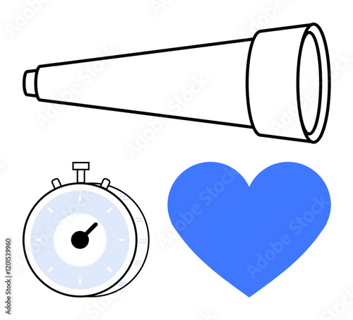 Telescope, stopwatch, and heart combine science, passion, and time. Ideal for exploration, time tracking, focus, dreams priorities emotional management abstract line flat metaphor