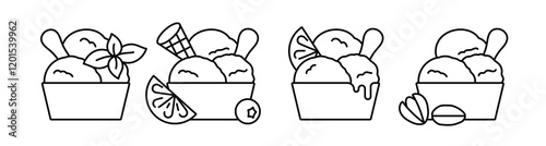 Ice cream icon set. Different kind of ice cream in paper cup - mint, lemon, strawberry, pistachio. Cold dessert, frozen cream, scoop. Modern icon, editable stroke. Best for menu, web design, app