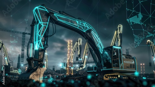 Smart Excavator Digging at Night, Construction Site, Digital Overlay