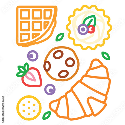 Pastry desserts. Berry tartlet, croissant, belgian waffles, cookies, berry. Sweets, confectionery. Linear colorful illustration. Breakfast concept. Editable strokes. Best for poster, cover, banner