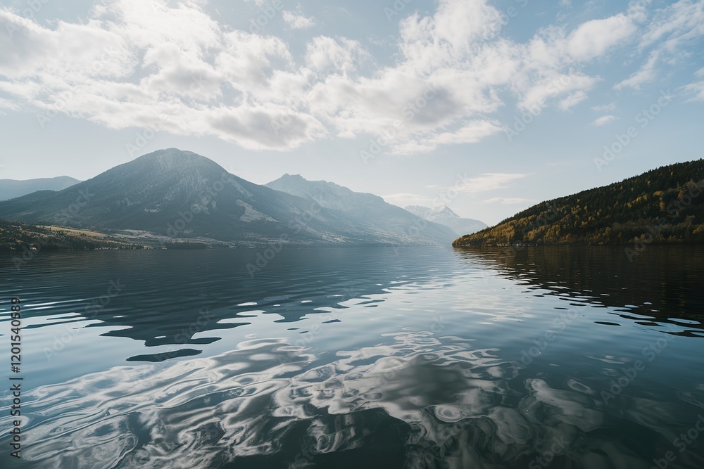 The view on the lake with the mountains on the background in the sunny day The view on the lake with the mountains on the background in the sunny day