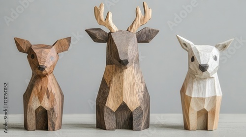 Three beautifully crafted wooden animal figurines showcasing deer in a modern geometric style, perfect for home decor. photo