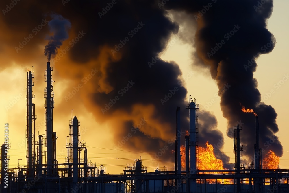 Dramatic Industrial Fire with Black Smoke and Orange Flames Against a Sunset Sky Dramatic Industrial Fire with Black Smoke and Orange Flames Against a Sunset Sky