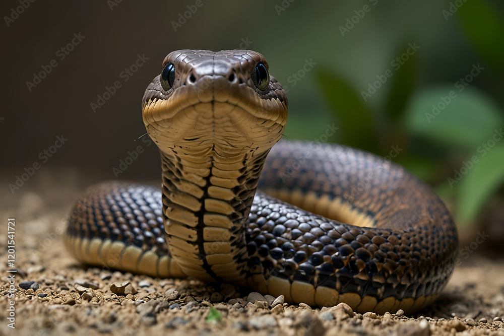 Obraz premium a captivating image of a baby king cobra, 'Ophiophagus hannah,' with its reflection visible on a pristine, isolated backdrop.