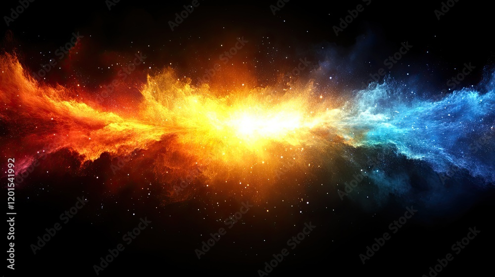 Fototapeta premium Colorful cosmic explosion with vibrant hues of orange, yellow, and blue against a dark backdrop