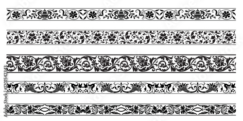 Set of decorative floral seamless ornamental border - Vector modular