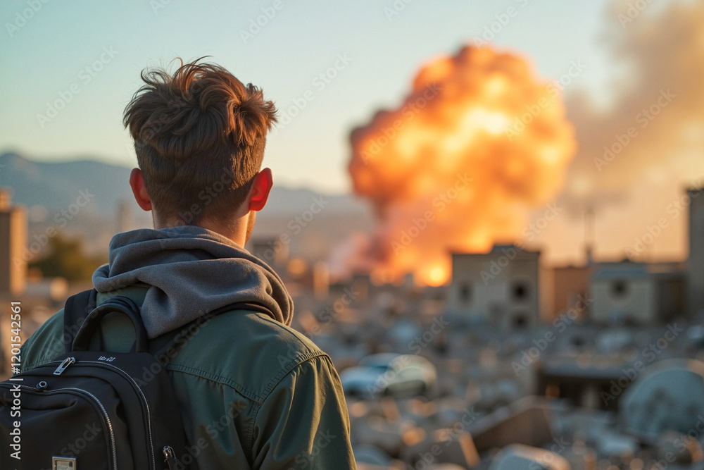 Young male observing city ruins with explosion in distance, emotional reflection. Documentary photography. children against war and violence concept Young male observing city ruins with explosion in distance, emotional reflection. Documentary photography. children against war and violence concept