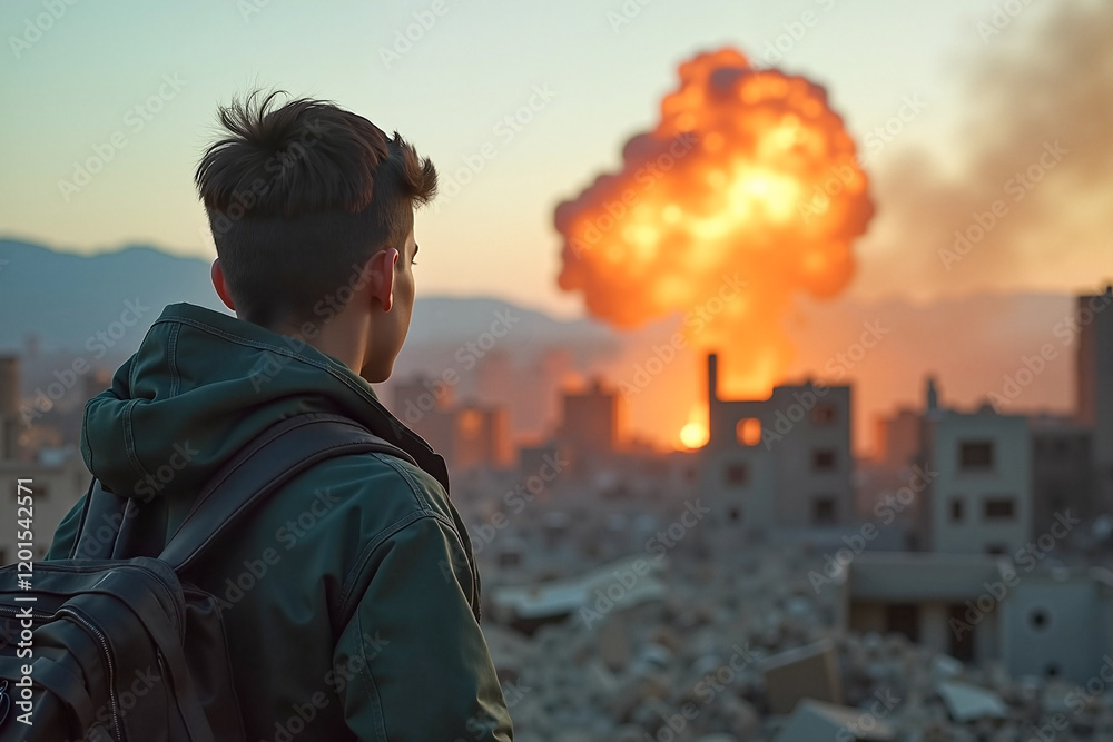 Young man gazing at city ruins with a distant explosion, reflective emotion. Documentary photography highlighting resilience. Young man gazing at city ruins with a distant explosion, reflective emotion. Documentary photography highlighting resilience.