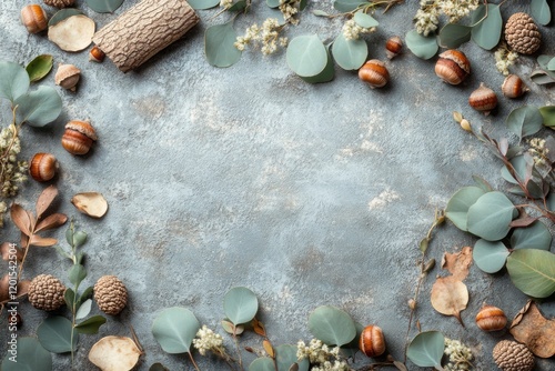 Autumnal Botanical Frame Eucalyptus Acorns Wood Texture Background