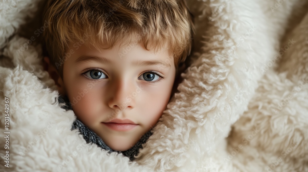Wrapped snugly in a fluffy white blanket, the boy's gentle gaze and peaceful demeanor create a soothing, heartwarming scene. Wrapped snugly in a fluffy white blanket, the boy's gentle gaze and peaceful demeanor create a soothing, heartwarming scene.