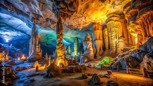 Stunning Night Photography of Sung Sot Caves, Vietnam: Mystical Rock Formations and Dramatic Lighting photo