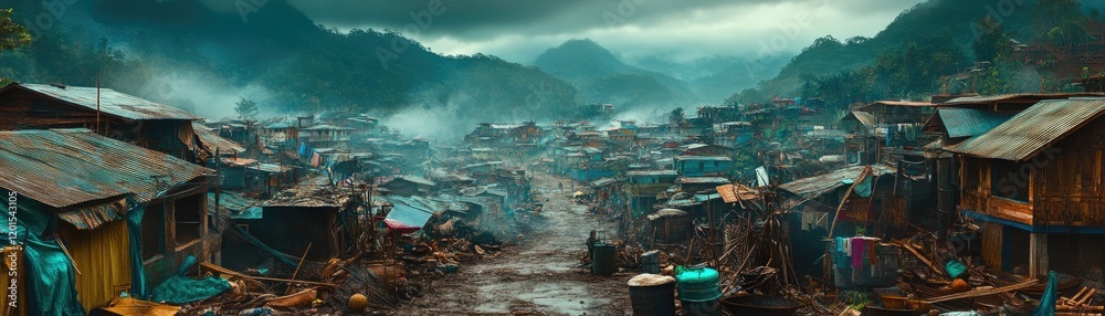 Mountain village, poor housing, muddy path, misty background, developing country Mountain village, poor housing, muddy path, misty background, developing country