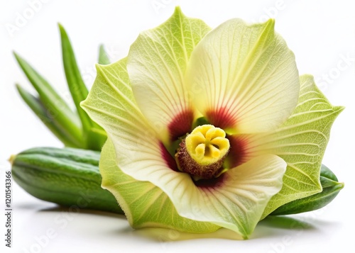 Stunning Okra Flower Close-up, Isolated White Background - High-Resolution Stock Photo