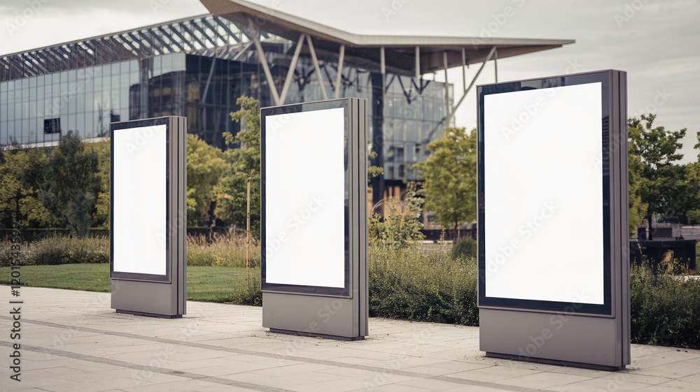 Three Vertical Billboards in an Urban Park with Modern Design Three Vertical Billboards in an Urban Park with Modern Design