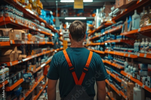 Rear view of warehouse worker walking through aisles of retail hardware store examining products on shelves